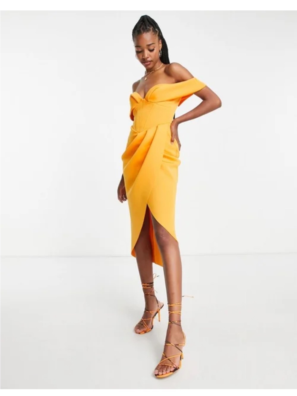 ASOS Design MIDI Off-Shoulder Yellow Corset Midi Dress - Homecoming Dress